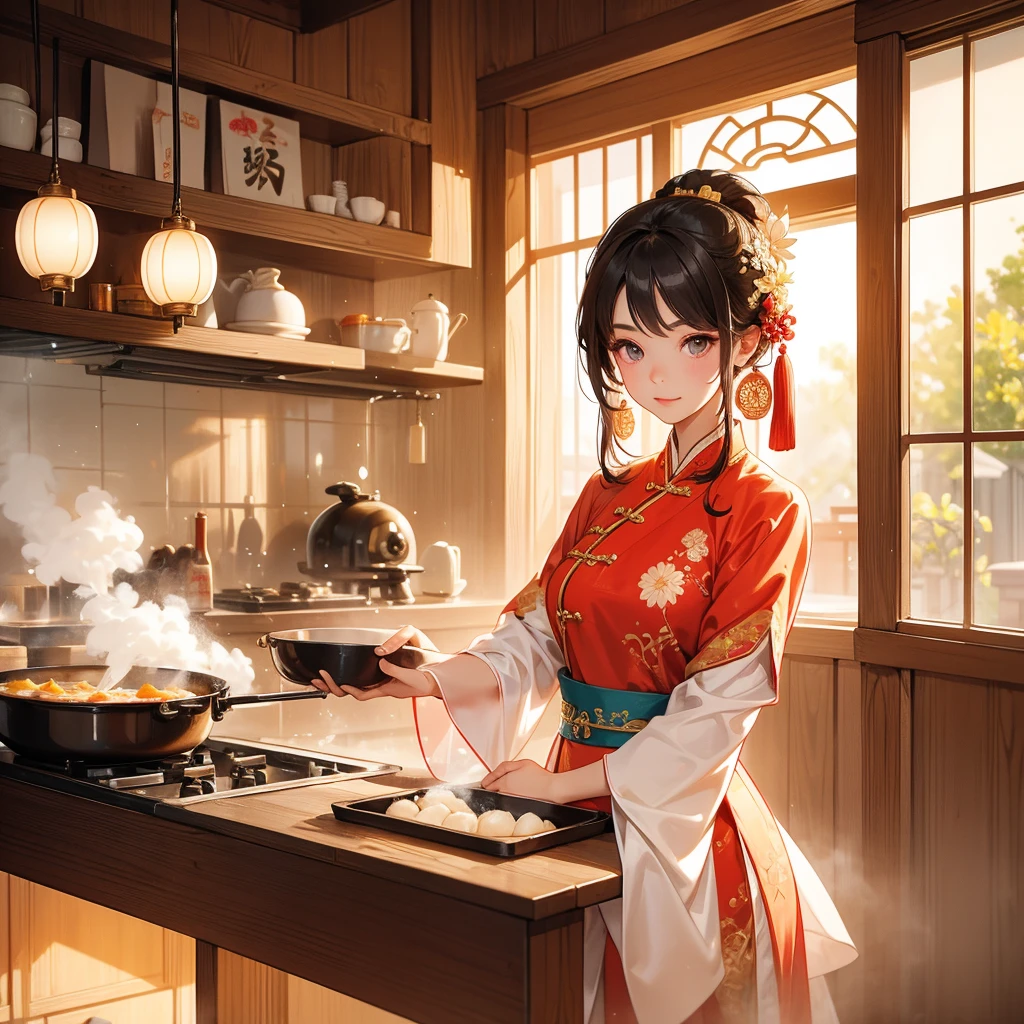 Beautiful girl in ancient Chinese costume Standing in the kitchen making steamed buns in the middle of the day. The sun shines on my face and my eyes sparkle. There is a steamer for steaming steamed buns nearby