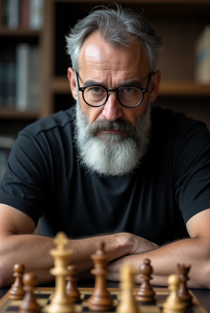 Caucasian male with white beard and mustache approximately 42 years old , aquiline nose , thin lips arabic features , black t-shirt for sure black round glasses black rim gray lens playing chess 