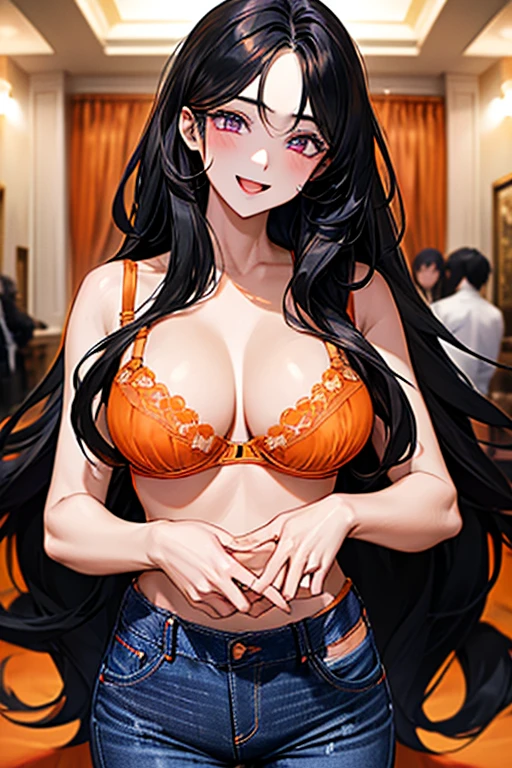 Very detailed、highest quality、Best image quality、masterpiece、8k、Anime Face、A kind smile、Open Mouth、((black long hair:1.5))、huge breast, sexy、 beautiful body 、Cowboy Shot, Sexual Intercourse, (purple eyes), hotel bedroom, ((( Jeans))), ((((orange bra))))