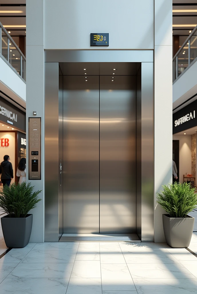 make a image of  elevator door in the mall.  the image must be in man or 3D style. 