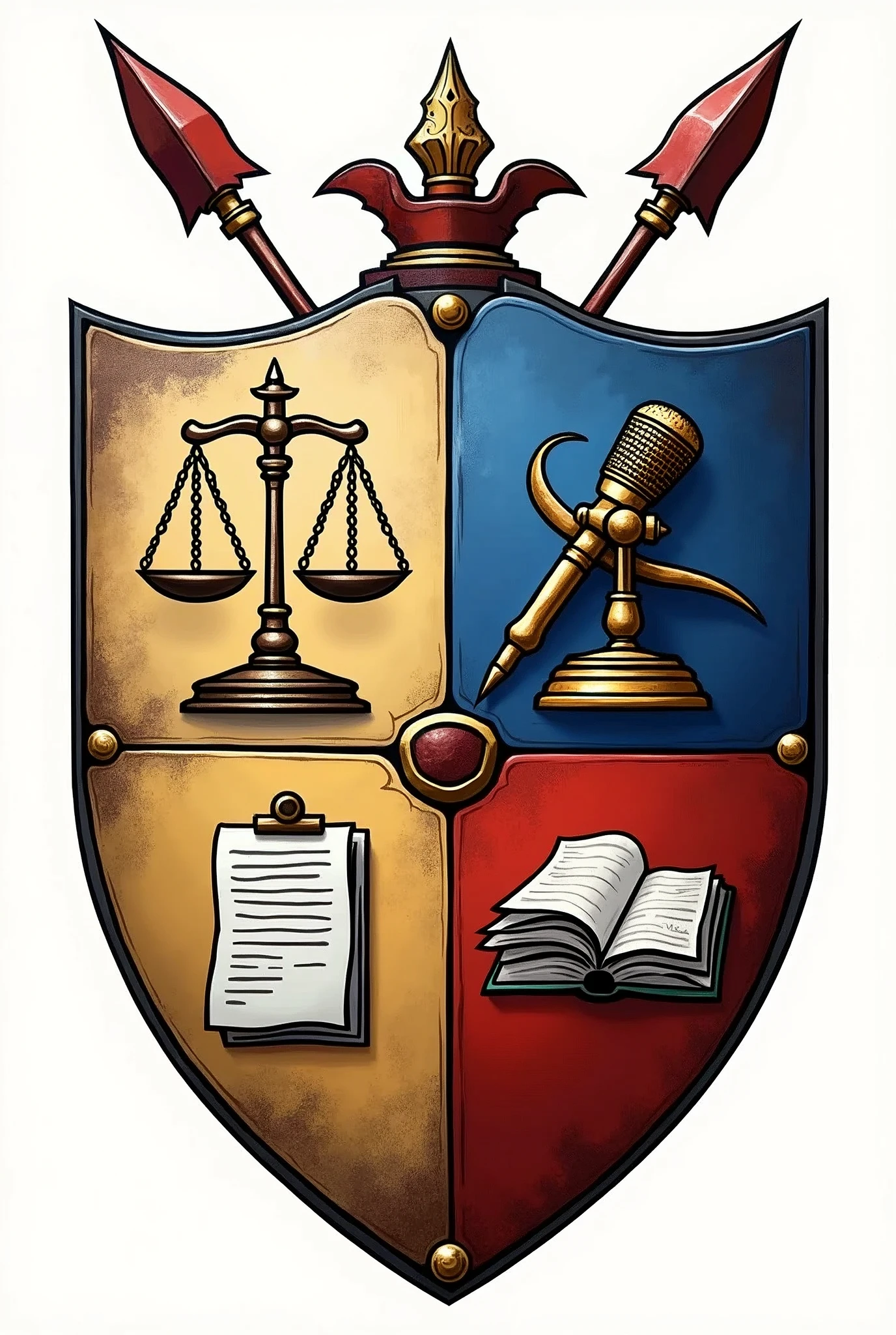 Generate coat of arms for the surname LUGO. Divide the shield into 4 quarters and place the following elements in them: 1) a scale of justice and a sword, 2) microphone, sheet of paper and fountain pen, 3)  books, 4) symbols of power. External decorations of the shield, a pair of spears