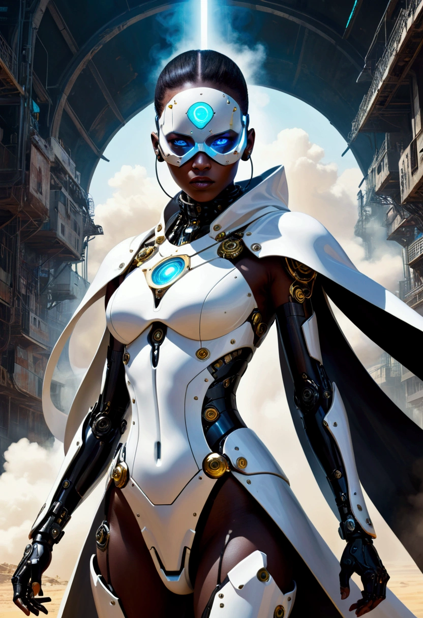 Dark fantasy art,Cyberpunk, White Mechanical Guardian,Donning a cybernetic cape,Mechanical parts damage, cruel、Violence：1.1,(Dust clouds),(arena),(arms:1.1),author：Sandra Chevrier, Dave McKean、Richard Avedon、Screenplay by Makizi Kuciala, Luminous design