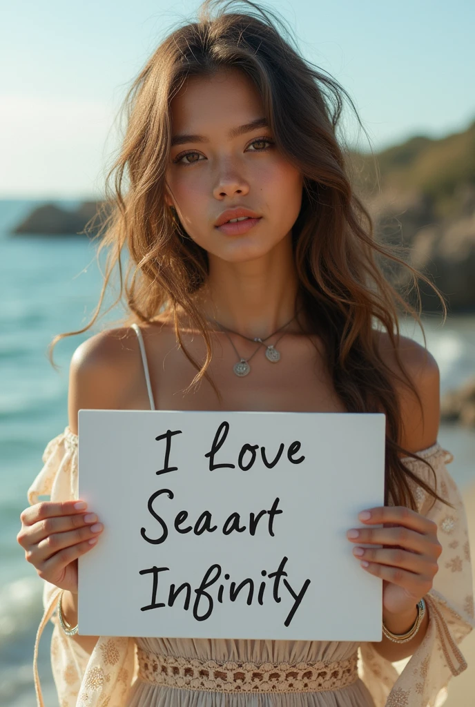 Beautiful girl with wavy long hair, bohemian dress, holding a white board with text "I Love Seaart Infinity" and showing it to the viewer