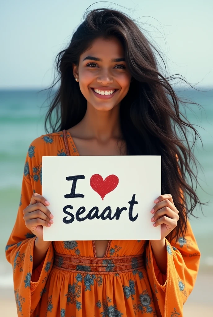 Beautiful Indian girl with wavy long hair, bohemian dress, holding a white board with text "I Love seaart" and showing it to the viewer