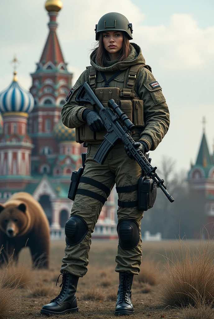 Russian Military soldier in gear, wearing her helmet, with a gun, in the background there is a church and a bear