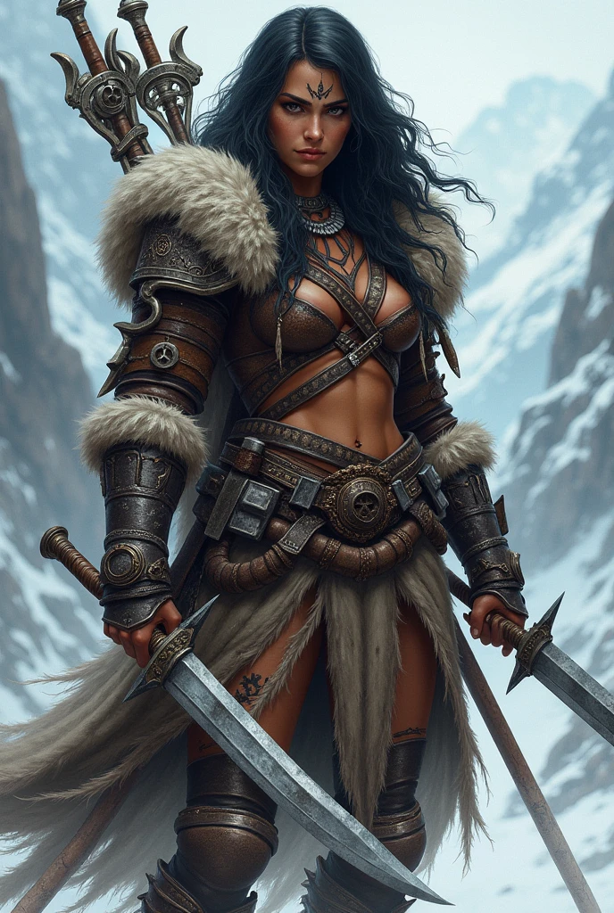 Girl, with weapons and armour, fur clothing, tanned skin.