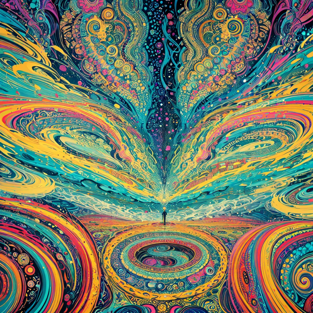 (Abstract art:1.2), Fractal Art, Psychedelic Art, (Yuko Shimizu&#39;s Style:1.1), Red Theme, Dark Theme, One girl, rose, hair ornaments, Dark look, dark blue accents, masterpiece, Highest quality, Ultra-high resolution, Award-winning art, Very detailed, beautiful, beautiful
