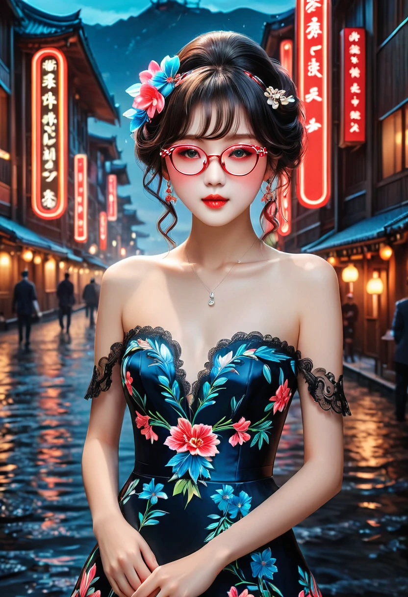 (la plus haute qualité, la plus haute qualité, Résolution 8k, masterpiece , photographie professionnelle, Des œuvres primées), ( sublime femme japonaise 35ans:1.1), (Promenez-vous dans le quartier des divertissements, rempli de vie nocturne et de glamour:1.1), (Arrière-plan fortement flou:1.1), Atmosphère la plus romantique et sensuelle, (Le costume d’affaires parfait:1.2), (clivage:1.3), (corps voluptueux:1.3), Debout avec élégance, (cheveux ondulés très courts:1.1), (Lunettes chics:1.1), Un regard séduisant et intense qui me regarde, (gros seins:1.3), maquillage parfait, beau rouge à lèvres, Fard à paupières élégant, long cils, Peau brillante ultra haute résolution, (anatomie précise:1.1),(sfw)