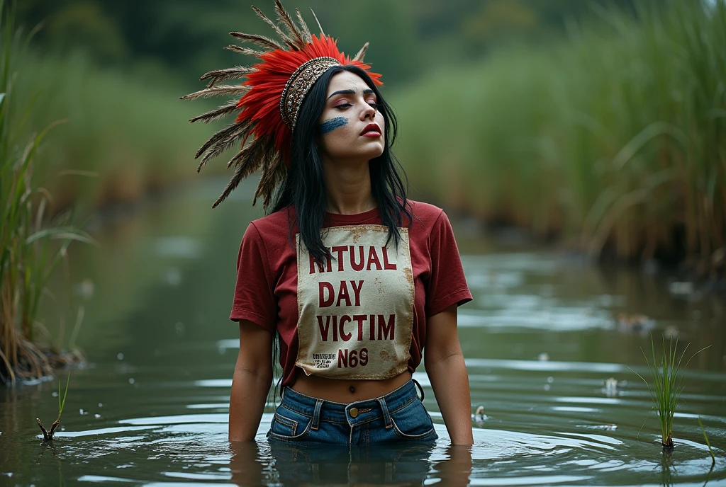 extremely detailed woman in jeans and t-shirt, plastic bib "RITUAL DAY\n VICTIM No69\n DO NOT RESCUE", is victim of ritual, drowning in bog, in the middle of a bog, sexy photoshoot posing, wearing a beautiful headdress and traditional indigenous makeup. red, green, blue