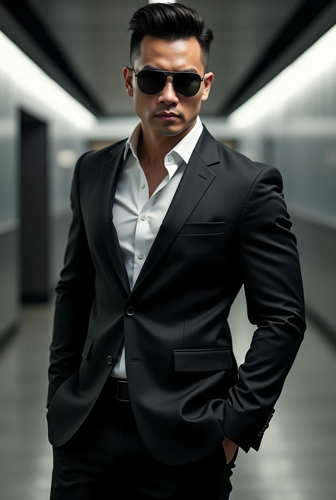 Asian strong buff man(He is strong,buff,confident, wears a suit and sunglasses and look fearless.)for phone ads