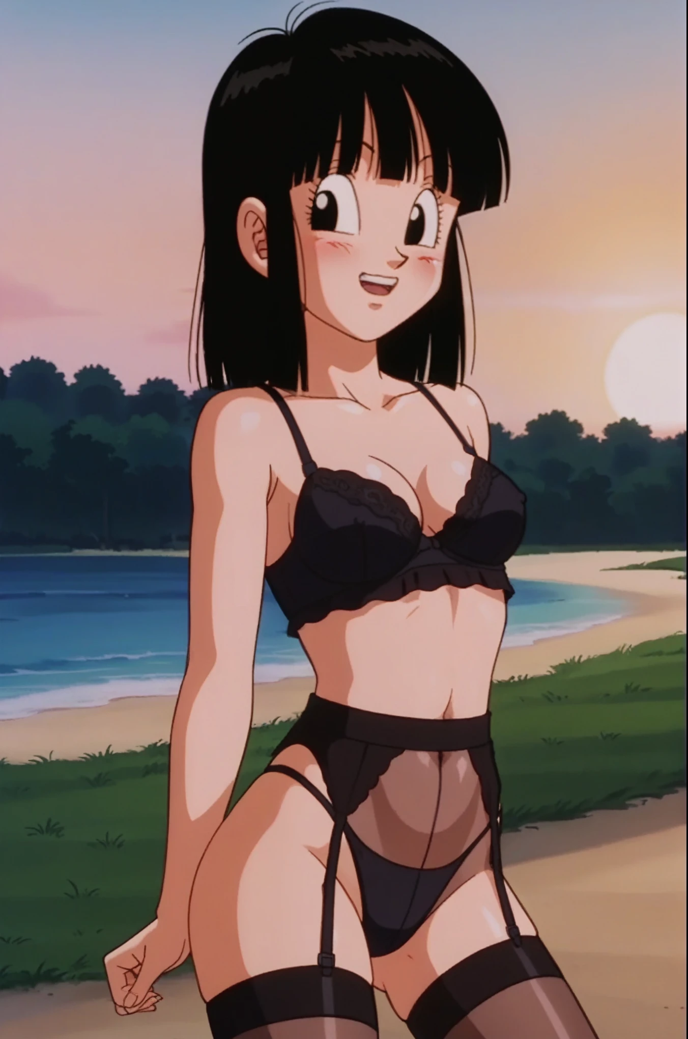 source_anime, score_9, score_8_up, score_7_up, anime screencap, 
pangt, 1girl, bangs, blushing, sexy face, grass, black hair, sunset, Watching the sunset, beach in open sea sunset, sun, collarbone, whole body, teeth, blunt bangs, outdoors, black eyes, eyelashes, upper teeth only, retro artstyle, , 1990s \(style\), orange headwear, underwear, scratched lingerie, mesh stockings, transparent tights, melancholic, thoughtful, hand on the chin, medium ass, breasts, sexy