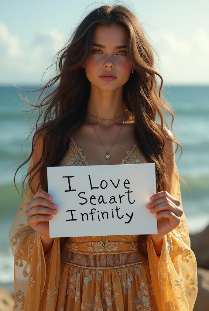 Beautiful girl with wavy long hair, bohemian dress, holding a white board with text "I Love Seaart Infinity" and showing it to the viewer