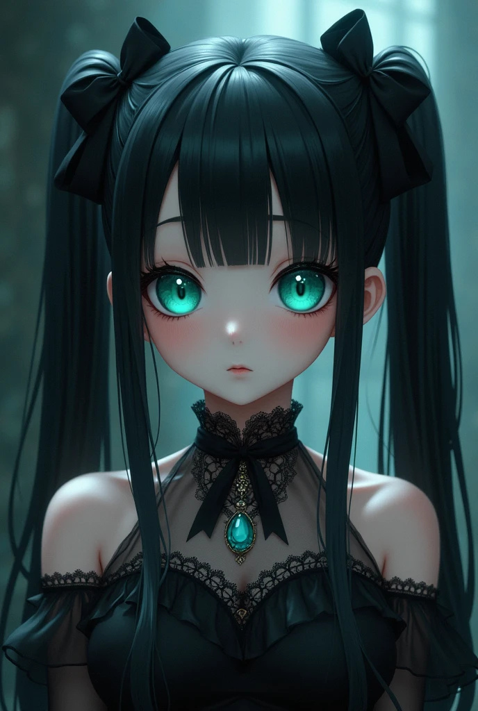 Anime Girl、dark、Gothic Lolita、Black Hair、Smooth Long Hair、Twin tails、Turquoise Eyes、Black ribbon in hair