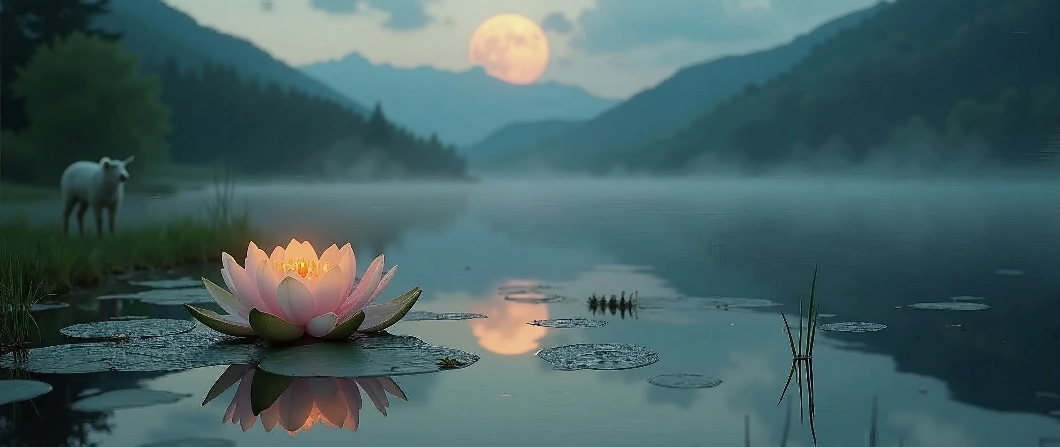 dust sceen , lake , lily flower on the lake , lamb and candle on lake , moon ,little plants , desktop wallpaper make it like a fine seen view