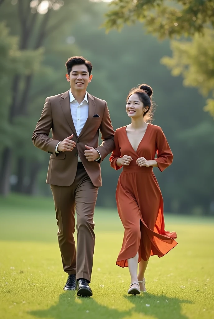 A young realistic couple take picture in Yamashita Park.  The groom is 1.80m high in his classy brown suit, the bride is 1.58m high in her long and loose midi dress and her hair made as a bun. The picture is taken by telecamera with broaden and simple nature background. The couple look classy and modern and casual. They are running. and their out is match with the background