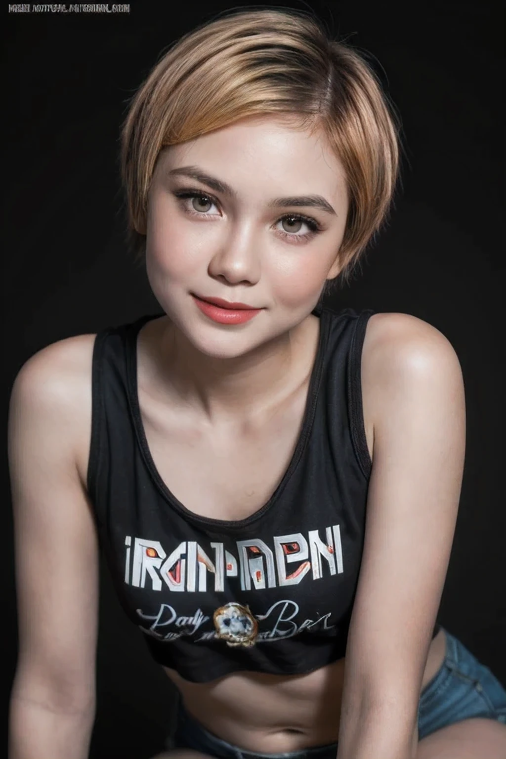 ((ORANGE LIPS)), ((shorthaircut:1.3)), adorable, 1 girl, (face to face), , baby face, happy, half body portrait, (face details: 1), (eye details: 1), ((tiny breasts)). ((croptank "iron maiden" logo)), ((net stockings))