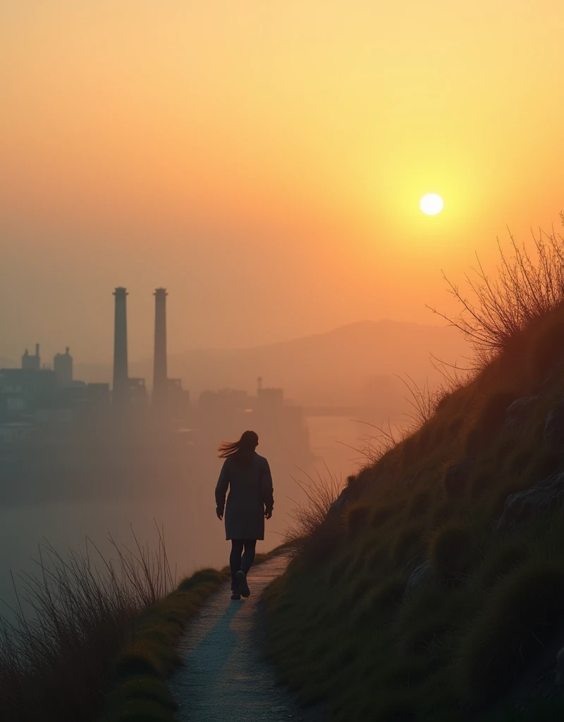 Woman running up a steep hill in a misty rural town at sunrise、Distant and Near Views、Old rusty factory chimneys near the bay and port、Cinema Lighting、Dramatic atmosphere、8k、high quality、Realistic、Detailed landscape、Calm colors、Volumetric lighting、Hazy environment、