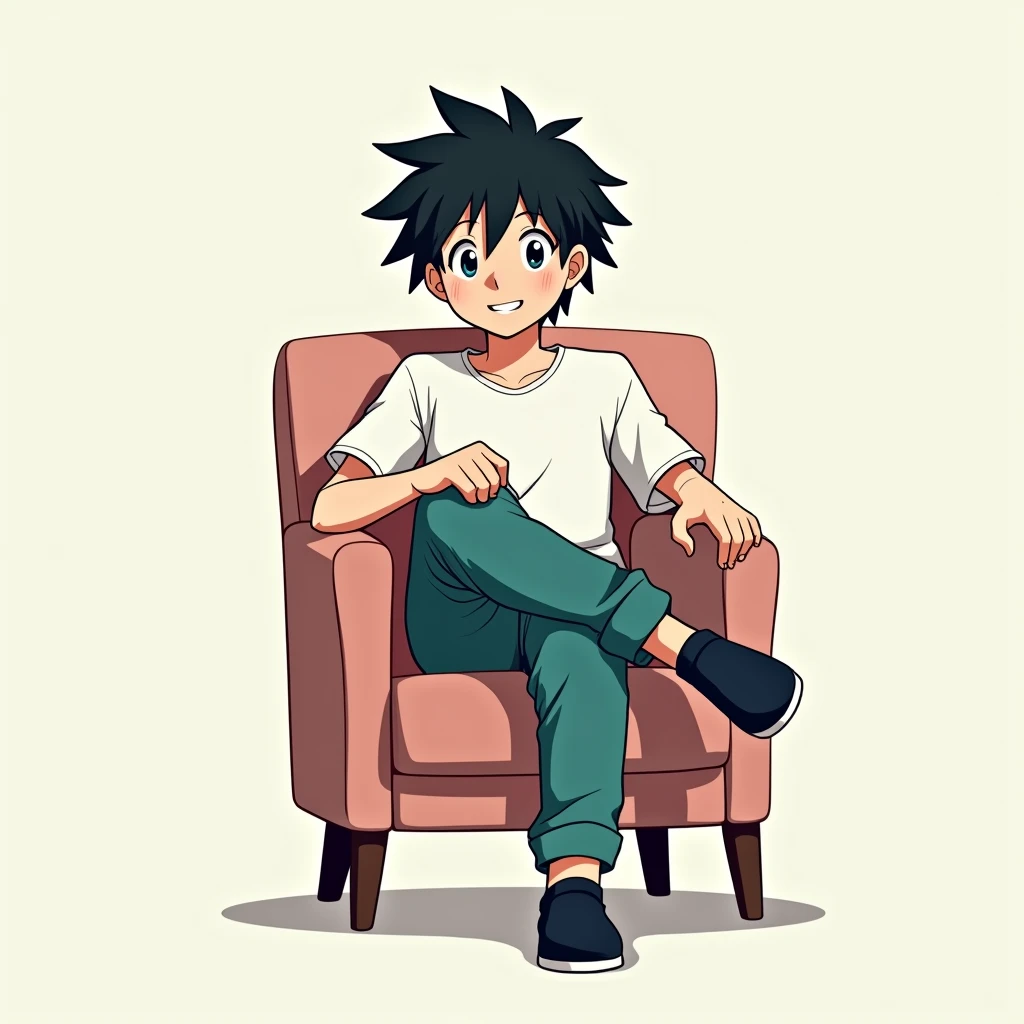 The anime boy could have a relaxed pose, sitting on a chair with one leg crossed over the other.He should be directly facing the camera with a friendly or confident expression.The logo background should be simple to keep the focus on the character and the text.You might consider a minimalist color palette or classic anime colors to make the character pop.This approach would give your logo a unique and engaging look, perfect for an anime-related YouTube channel.