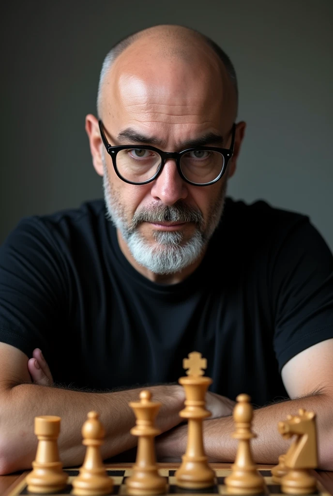 Caucasian male with white beard and mustache approximately 42 years old , bald completely bald aquiline nose , thin lips arabic features , black t-shirt for sure black round glasses black rim gray lens playing chess