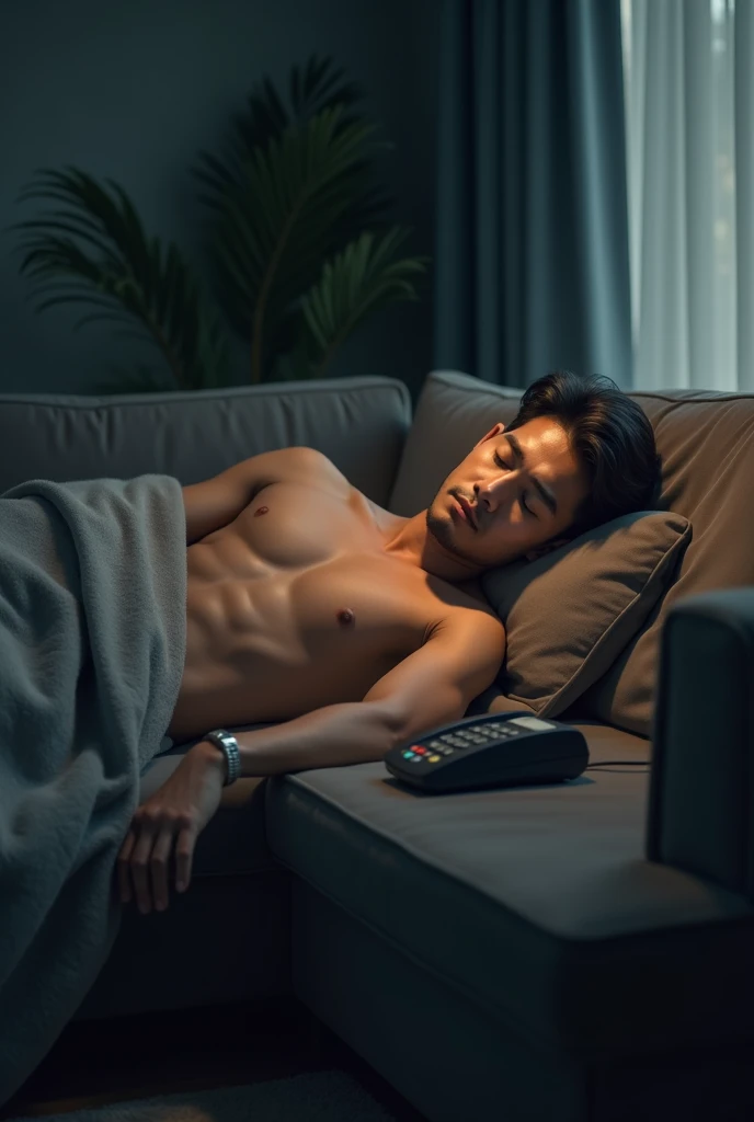 Indonesian male 30 years old on the phone on the desk phone while sleeping without clothes on with a blanket under his stomach on the sofa in the living room at night