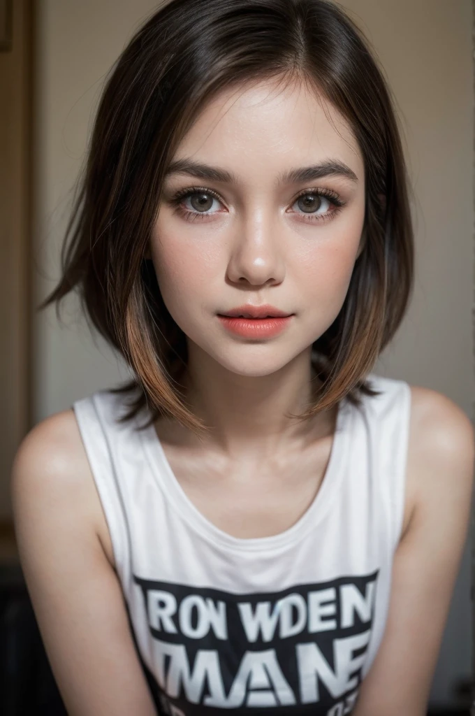 ((ORANGE LIPS)), ((shorthaircut:1.3)), adorable, 1 girl, (face to face), 10 years old, baby face, happy, half body portrait, (face details: 1), (eye details: 1), ((tiny breasts)). ((croptank "iron maiden" logo)), ((net stockings))