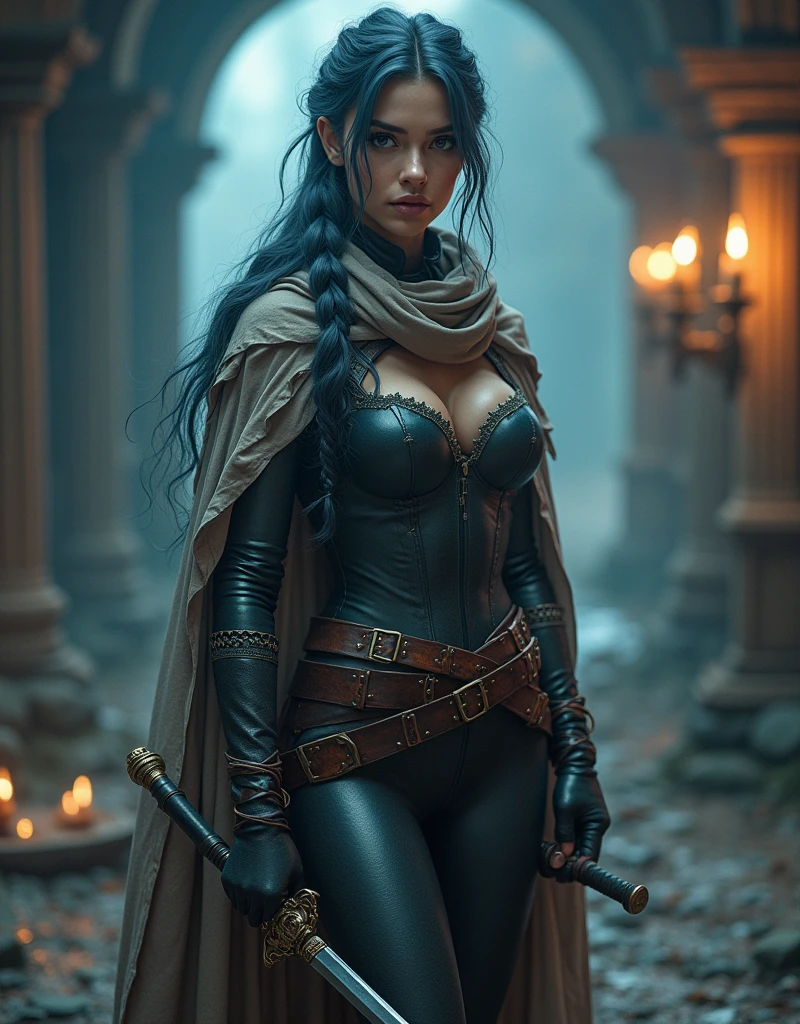 (Fantasy_Roleplaying)、(young_Transcendently beautiful_Ideal ratio__Porcelain-like skin_Bluenette_Long hair tied in a braid_Adventurer_woman)、(Serious expression)、(Dungeons_duck_latex_Bodysuits、Dungeons_duck_Knee-high boots、Dungeons_duck_Long gloves、Dungeons_duck_scarf)、(Light_sacred_Long sword_Defeat a monster_Motion Blur Effect:1.7)、(Dungeonsの奥深く)、(Highest quality、4K、8k、High resolution、masterpiece:1.2)、Very detailed、(Genuine、Realistic、Realistic:1.37)、Portraiture、Bright colors、Dramatic lighting、Fascinating、functional、Dynamic pose、Exquisite detail