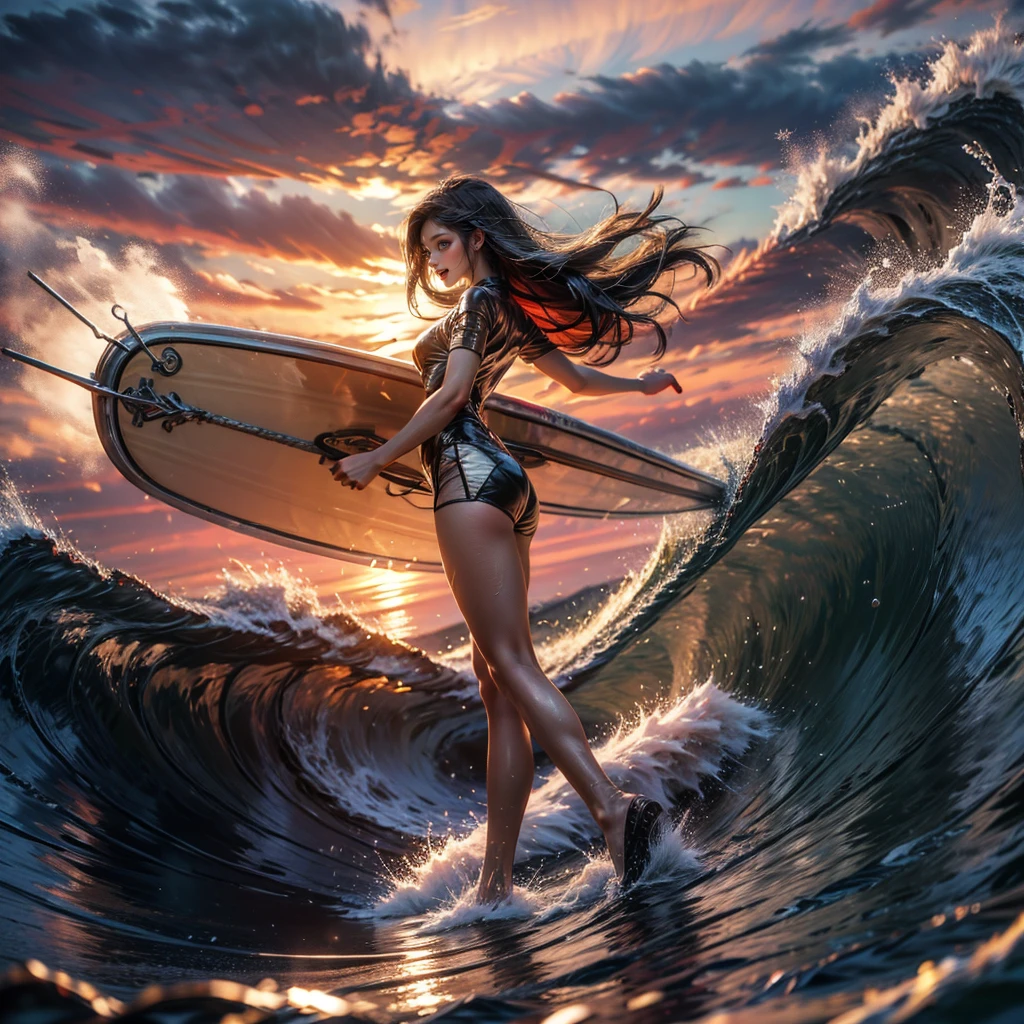 (Luminism:1.28), Side view, TopQuality 8K Masterpiece (ProfessionalPHOTO:1.37) (Extremely Detailed (A girl Balancing on a Life Size straight surfboard)), Colorful morning Glory Rays, (There is Only one surfboard under her feet:1.32) Sparkling Waves Splashing water Particles, Glowing Wet Hair, hourglass body type, Dynamic motion blur, Perfect Hand, (Surfing Photos:1.4)