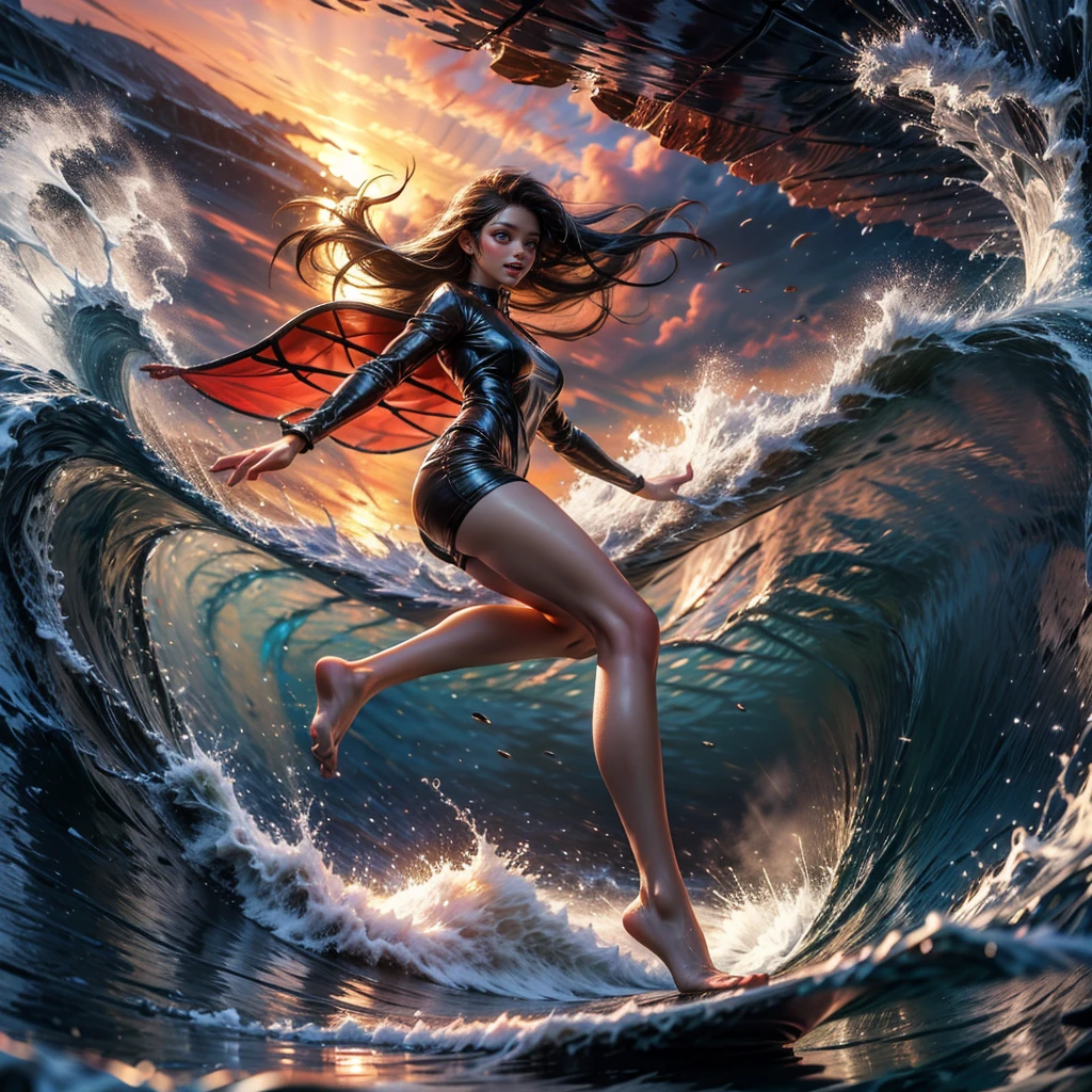 (Luminism:1.28), Side view, TopQuality 8K Masterpiece (ProfessionalPHOTO:1.37) (Extremely Detailed (A girl Balancing on a Life Size straight surfboard)), Colorful morning Glory Rays, (There is Only one surfboard under her feet:1.32) Sparkling Waves Splashing water Particles, Glowing Wet Hair, hourglass body type, Dynamic motion blur, Perfect Hand, (Surfing Photos:1.4) 