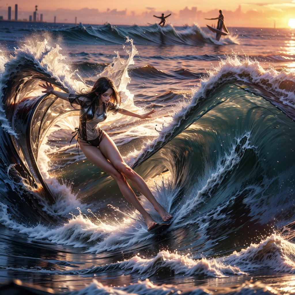(Luminism:1.28), Side view, TopQuality 8K Masterpiece (ProfessionalPHOTO:1.37) (Extremely Detailed (A girl Balancing on a Life Size straight surfboard)), Colorful morning Glory Rays, (There is Only one surfboard under her feet:1.32) Sparkling Waves Splashing water Particles, Glowing Wet Hair, hourglass body type, Dynamic motion blur, Perfect Hand, (Surfing Photos:1.4)