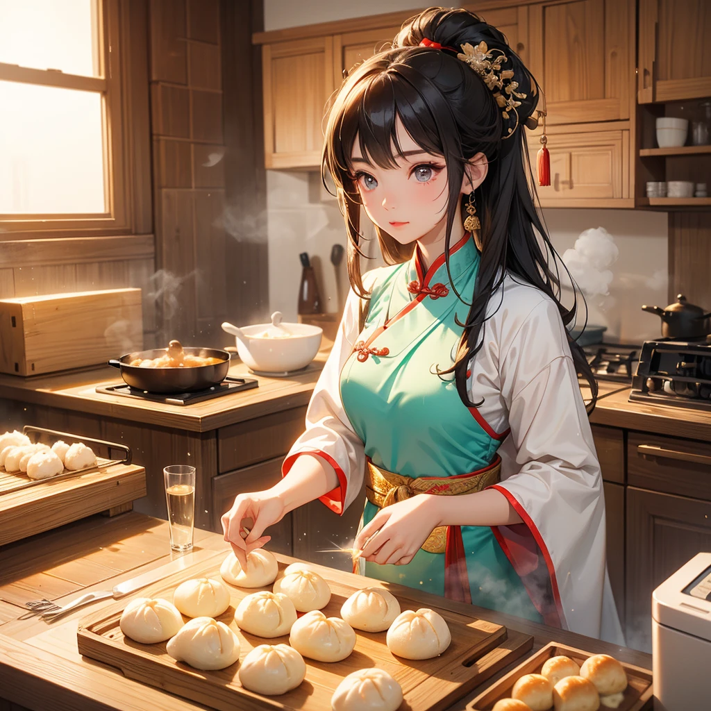 Beautiful girl in ancient Chinese costume Standing in the kitchen making steamed buns in the middle of the day. The sun shines on my face and my eyes sparkle. There is a steamer for steaming steamed buns nearby