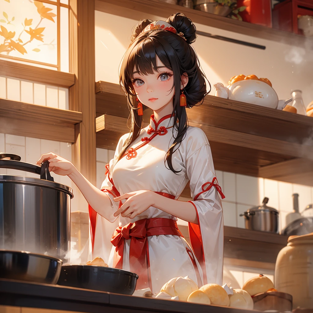 Beautiful girl in ancient Chinese costume Standing in the kitchen making steamed buns in the middle of the day. The sun shines on my face and my eyes sparkle. There is a steamer for steaming steamed buns nearby