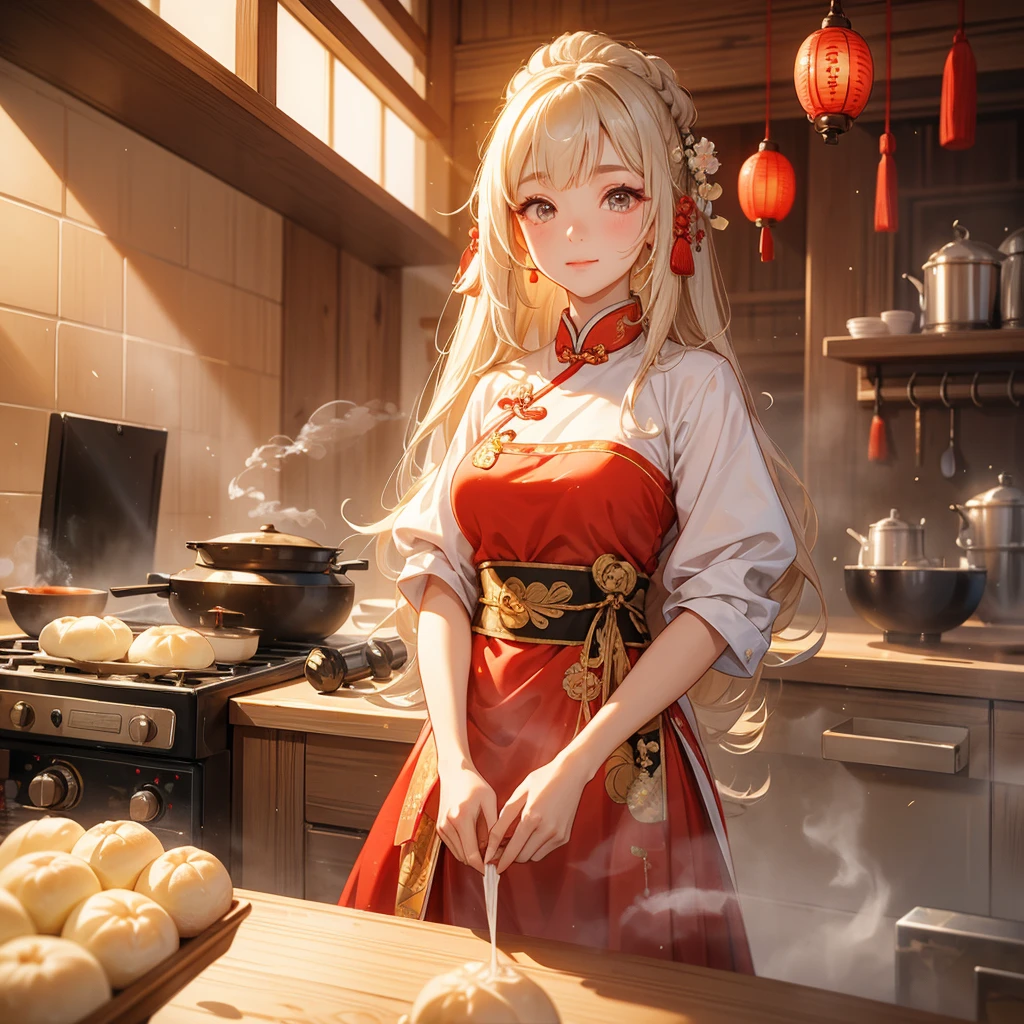 Beautiful girl in ancient Chinese costume Standing in the kitchen making steamed buns in the middle of the day. The sun shines on my face and my eyes sparkle. There is a steamer for steaming steamed buns nearby