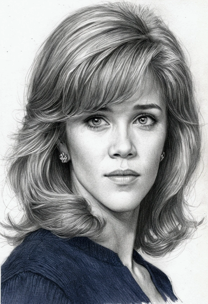 A delicate, graphite sketch portrays, young beautiful Jane Fonda look, medium firm breasts, without background, The framing is tight, focusing attention on the subject's serene face. long simple straight hair, wear dark blue sweater