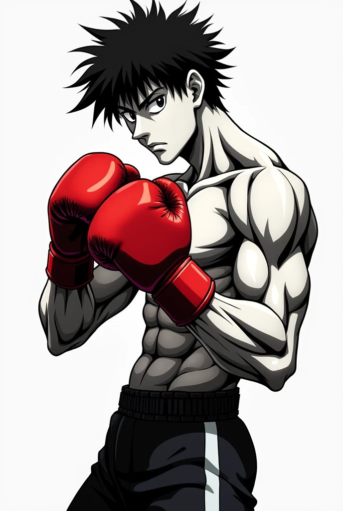 create an anime ippo tattoo design "First of all" without too many details, in boxing stance with only red gloves and the rest only in black ink