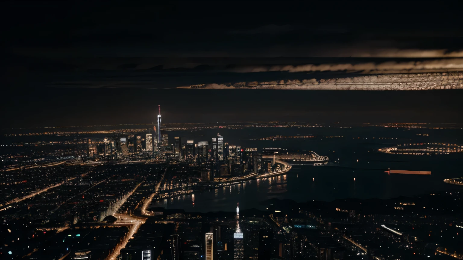 metropolitan city atmosphere at night, there are tall buildings