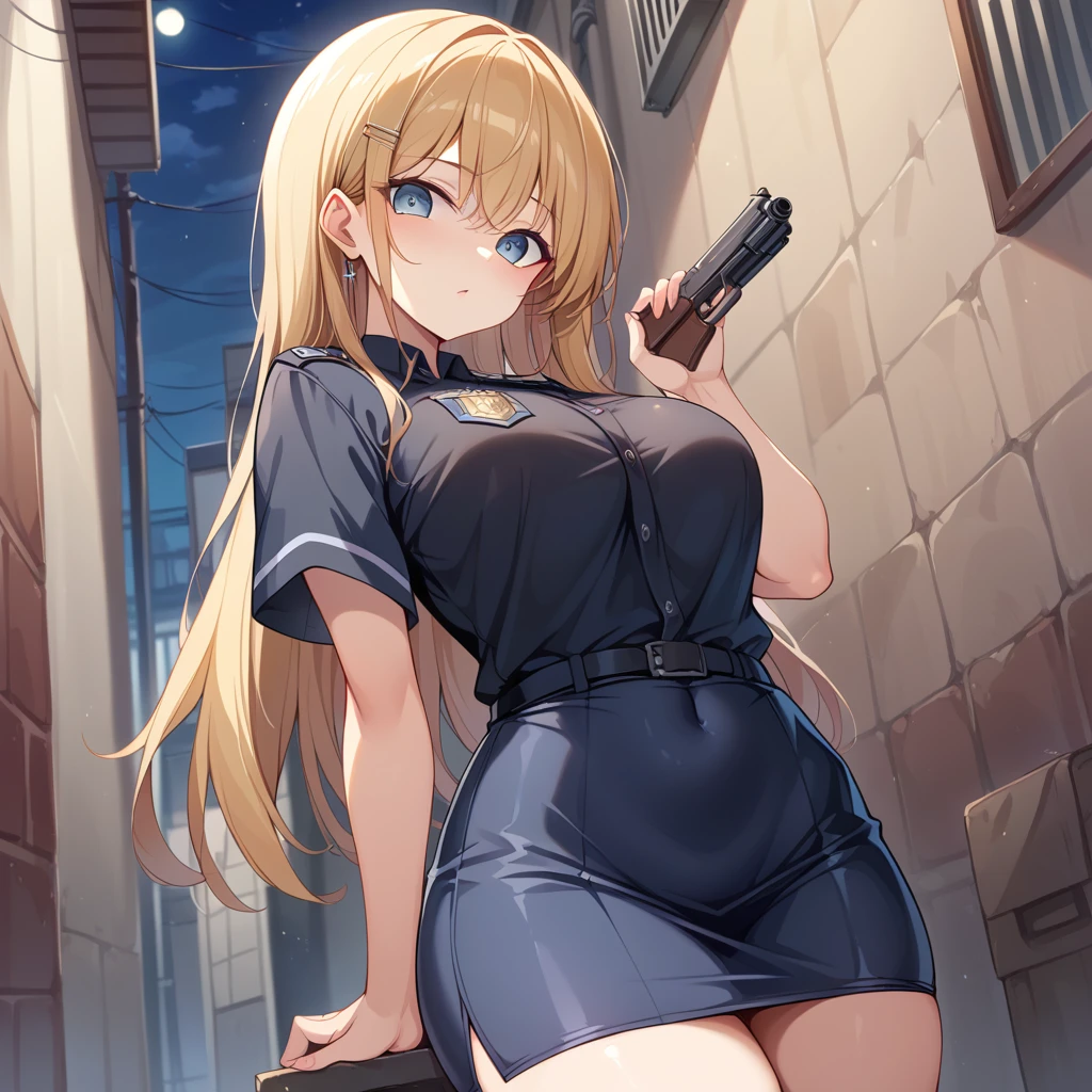 ((Highest quality))、(masterpiece)、(Realistic Shadows)、NSFW,Subjective、stand、Black color police uniform、Blackyshirt、Black short tight skirt、night、Alley、gun、