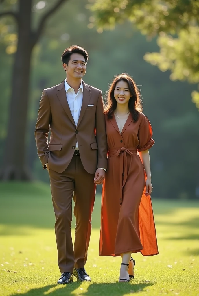 A young realistic couple take picture in Yamashita Park. The groom is 1.80m high in his classy brown suit, the bride is 1.58m high in her long and loose midi dress. The picture is taken by telecamera with broaden nature background. The couple look classy and modern and casual. Their movement are lively and their out is match with the background