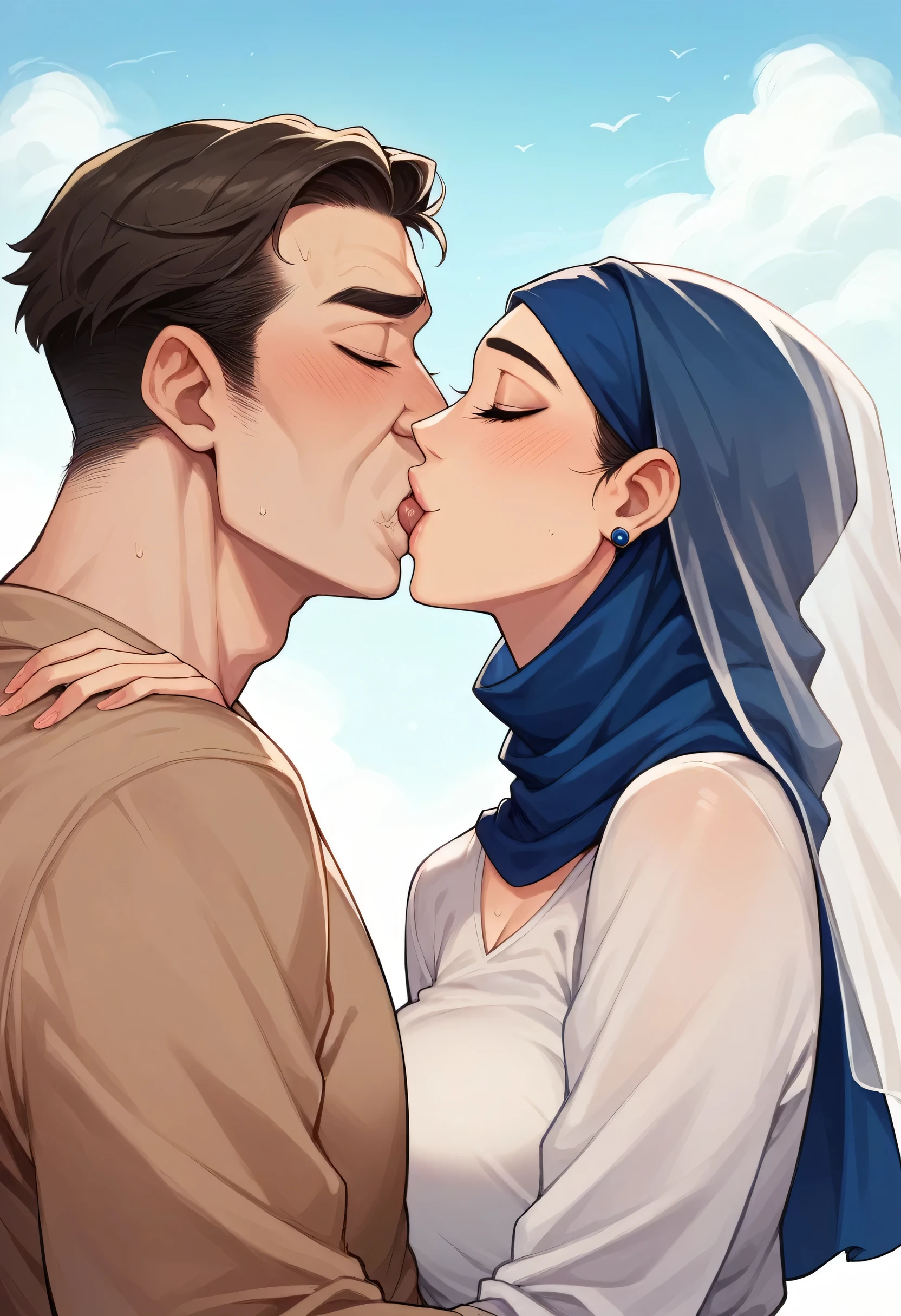 8k Pakistani bride 34 years old woman wearing shalwar qameez and dupatta in white colour with sky blue hijab and 40 years old male giving her chin kiss passionately