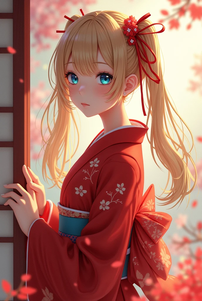 Long blonde twintails, red kimono, blue eyes