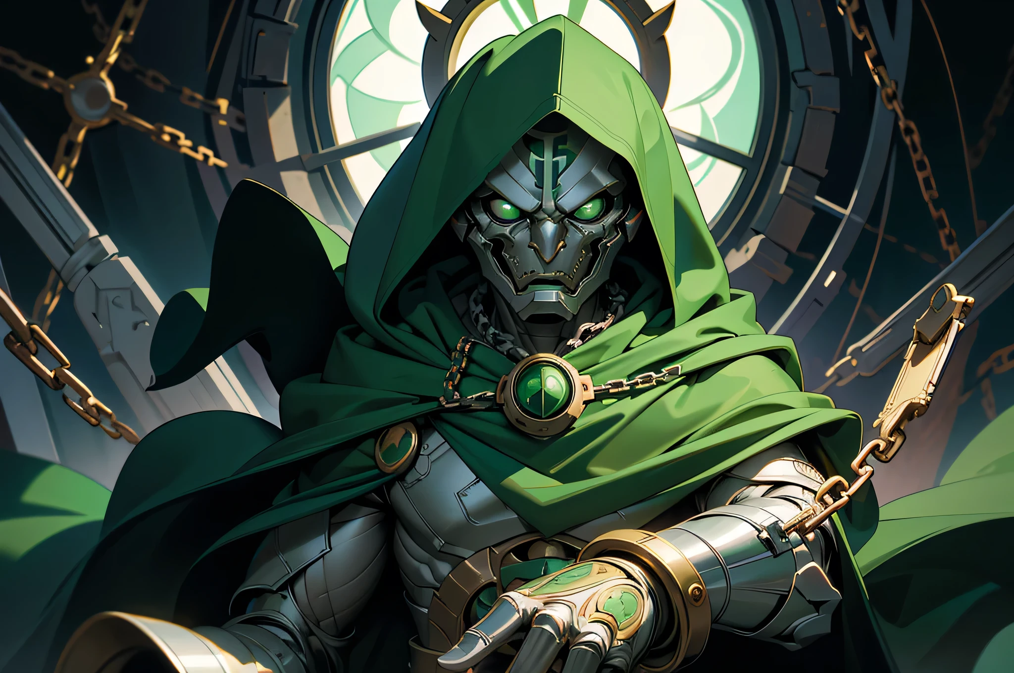 (masterpiece:1.2, best quality:1.2), ((masterpiece)), (((best quality))), ((ultra-detailed)), ((illustration)), (1man, male, solo), (doctor doom, green hood, cloak, chains, green eyes), silver metal mask, white markings, full gray suit, broad shoulders, chaos, ((hell, underworld)), fisheye lens