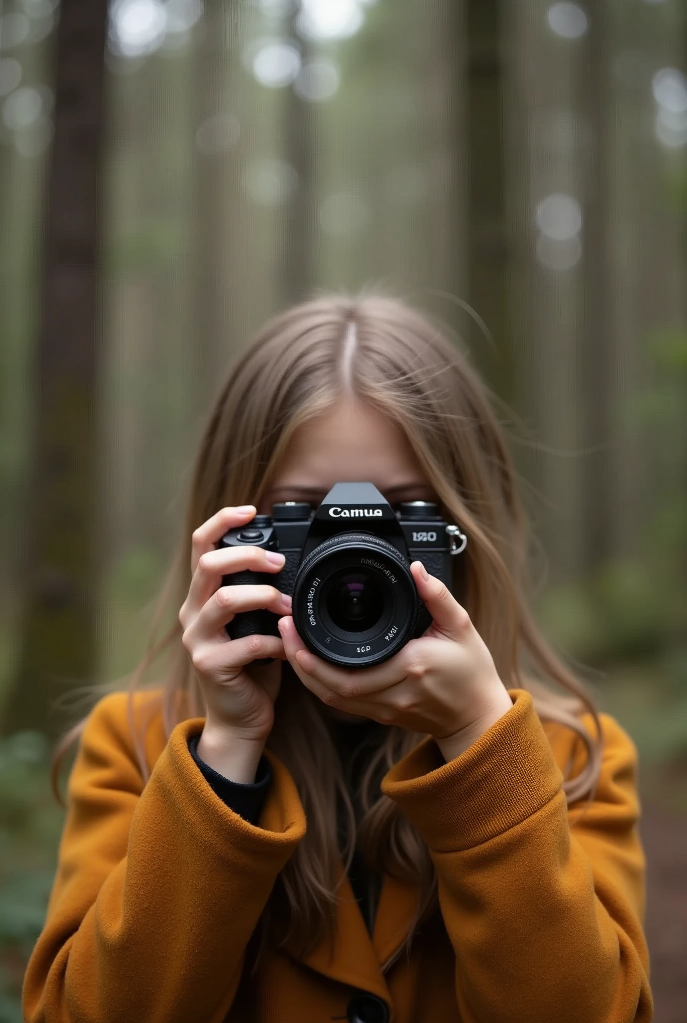 Girl holding camera whit no clotes in the wood