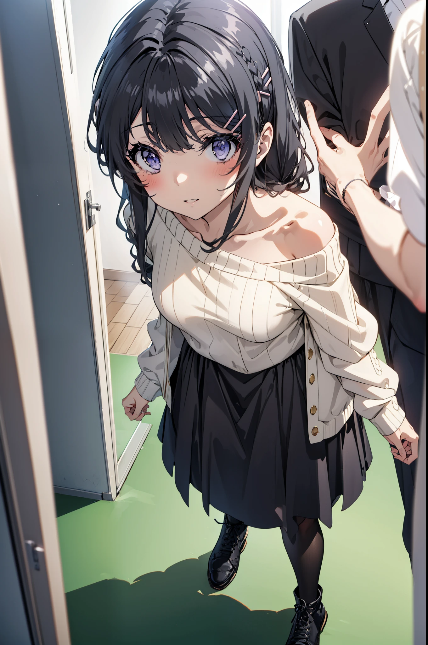 maisakurajima, mai sakurajima, Long braids, bangs, (Black Hair:1.5), hair ornaments, (Purple eyes:1.1), Hair Clip, rabbit hair ornaments,smile,blush,Glasses,One-shoulder sweater,Long skirt,Black pantyhose,short boots,Daytime,Clear skies,Walking,whole bodyがイラストに入るように,
break indoors, University corridor,
break looking at viewer, whole body,
break (masterpiece:1.2), Highest quality, High resolution, unity 8k wallpaper, (figure:0.8), (Beautiful attention to detail:1.6), Highly detailed face, Perfect lighting, Highly detailed CG, (Perfect hands, Perfect Anatomy),