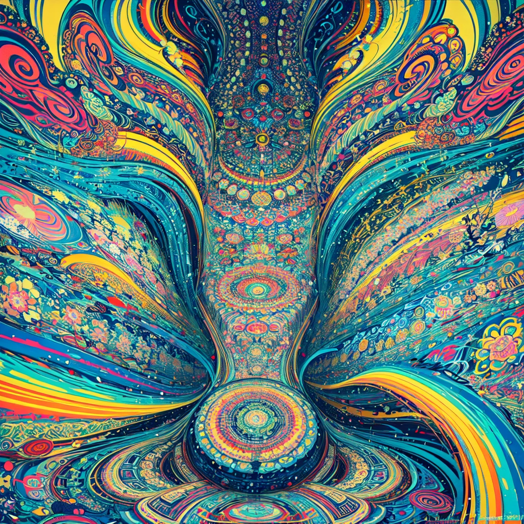(Abstract art:1.2), Fractal Art, Psychedelic Art, (Yuko Shimizu&#39;s Style:1.1), Red Theme, Dark Theme, One girl, rose, hair ornaments, Dark look, dark blue accents, masterpiece, Highest quality, Ultra-high resolution, Award-winning art, Very detailed, beautiful, beautiful