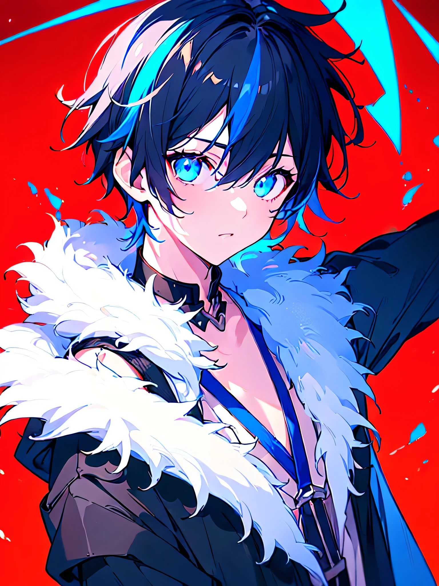 [(RED BACKGROUND:1.5),::5], ((((masterpiece)))), high quality, ultra very high resolution, full color, (((solo))), ((little boy)), BLACK short hair, ((Blue streaked hair)), (oriental deepblue eyes), anime, ((upper body)), Summer clothes, neon light, black parka,