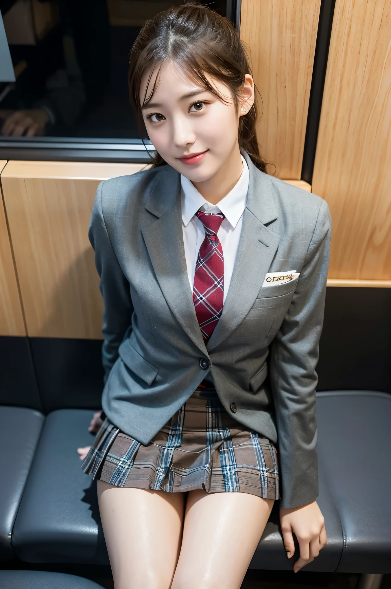 (8K), (highest quality: 1.2), (realistic), (realistic: 1.37), ultra high resolution, 1 girl, cute, smile, closed mouth, beautiful details, beautiful nose, wet hair, giant dulcefo, pork, thighs,Self snap,University Student Uniform,Sitting on a Tokyo train,simple blazer,pleated skirt,(The pattern of the skirt and tie is a tartan check pattern..:1.3),cross your legs, From above,thighs