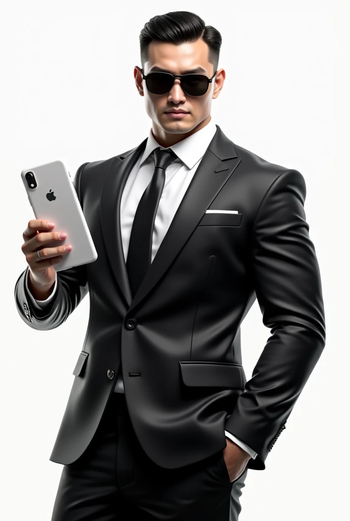 Asian strong buff man(He is strong,buff,confident, wears a suit and sunglasses and look fearless.)showing phone with white background