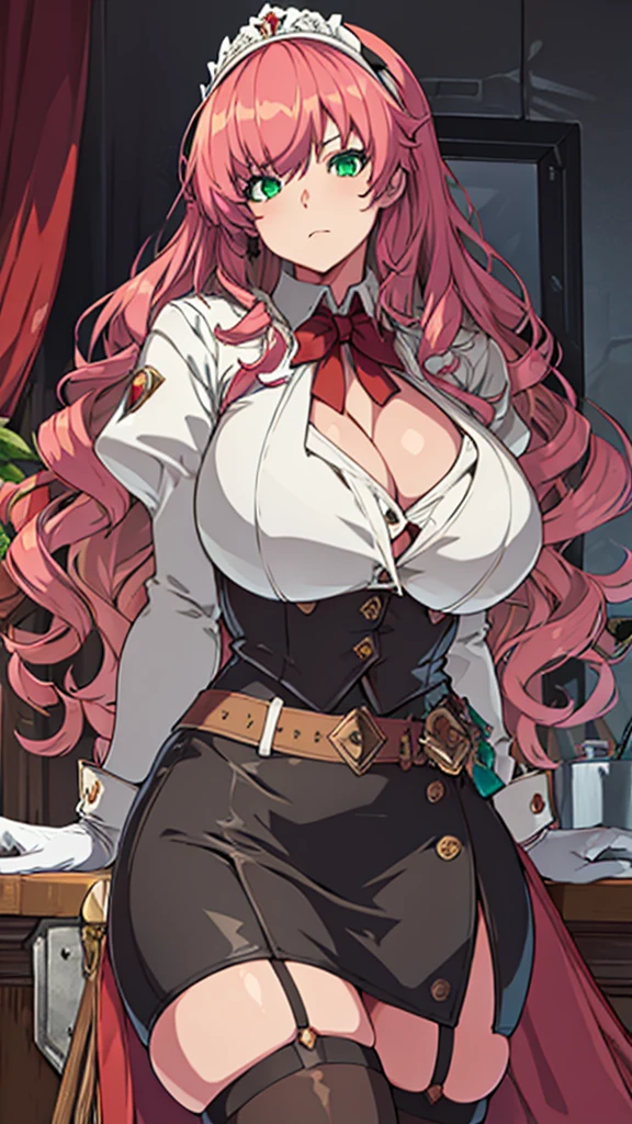 High detailed, masterpiece, High detailed, 1 girl, solo, carmine large spiked wavy hair, Green eyes, big busty, firm chunky body white shirt, , deep cleavage, Juliet sleeves, pencil skirt, black thighhighs, white gloves, tall, psycho expression 