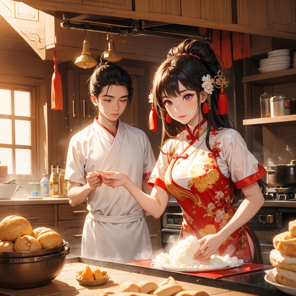 Beautiful girl in ancient Chinese costume Standing in the kitchen in the middle of the day, frying dough sheets, the sun shines on my face and my eyes sparkle. There is a steamer for steaming buns nearby.
