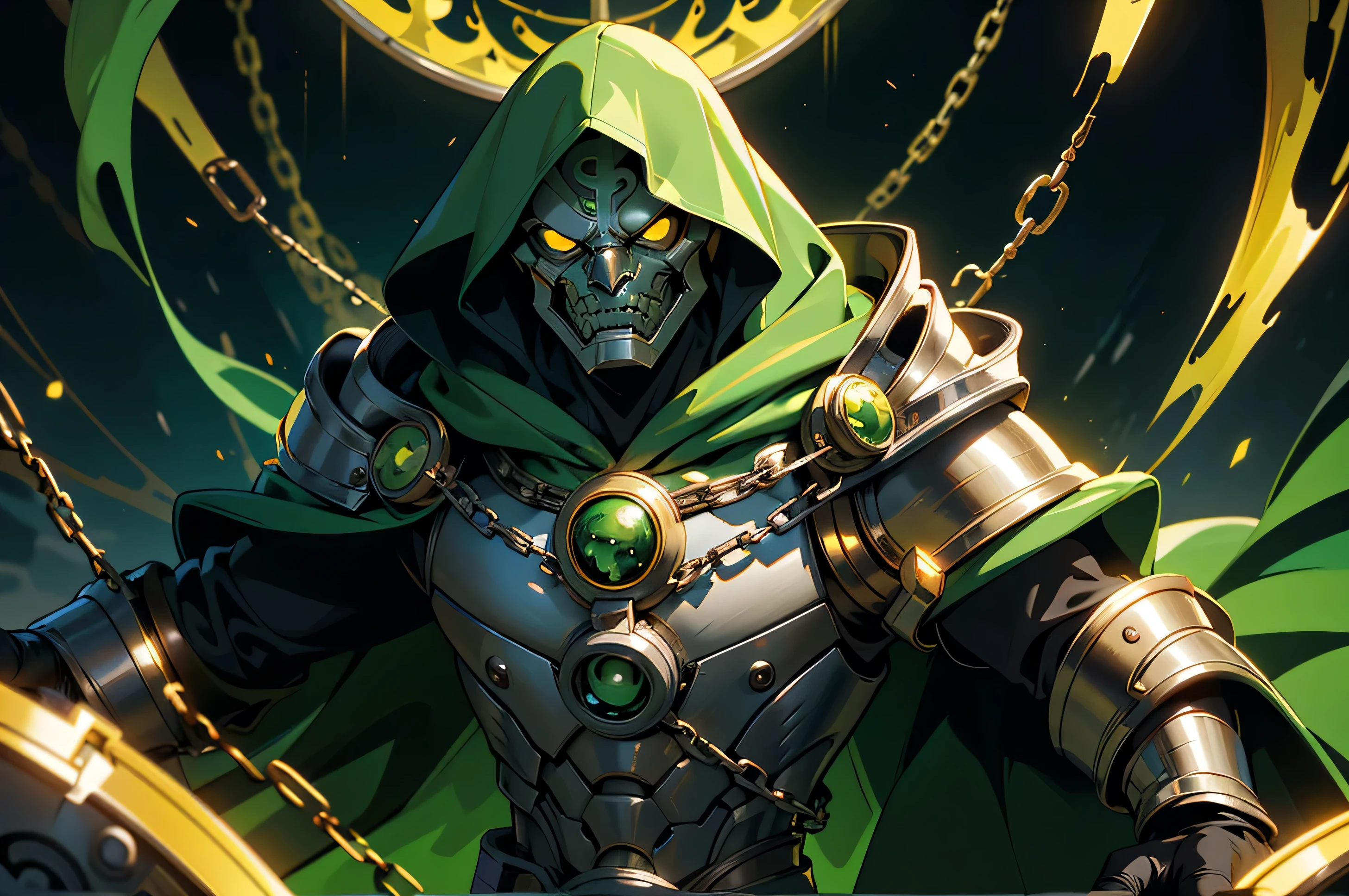 (masterpiece:1.2, best quality:1.2), ((masterpiece)), (((best quality))), ((ultra-detailed)), ((illustration)), (1man, male, solo), (doctor doom, green hood, cloak, chains, yellow glowing eyes), silver metal mask, white markings, full gray suit, broad shoulders, chaos, ((hell, underworld)), fisheye lens