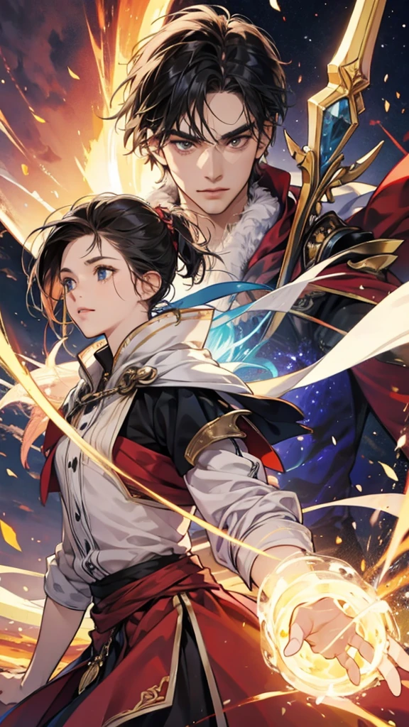Arafael's painting of two people holding hands and standing side by side., Tall and thin, Tall handsome guy, Whole body illustration, full body imageของเรื่องสั้น!, anime Whole body illustration, Full-body view related, Two handsome anime guys, High quality fan art, Sleek and tall, Tall anime guy with blue eyes., Wear casual clothes, full body image,8k